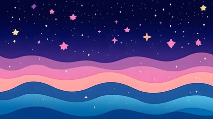 A captivating night sky scene featuring pastel-colored wavy layers, scattered stars, and a dreamy atmosphere.