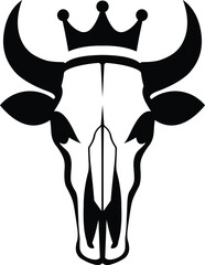 Bull skull with crown black and white design, Animal skull silhouette for western art
