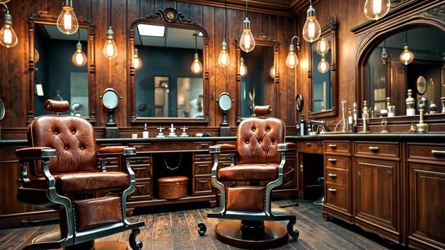 Vintage Barber Shop Interior with Classic Wooden Chairs and Mirrors