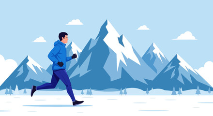 Obraz premium Energetic Individual Running Through Snowy Mountains in Winter Weather Conditions