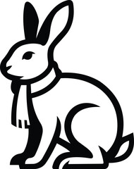 Rabbit wearing scarf black and white icon, Cute rabbit silhouette with scarf design