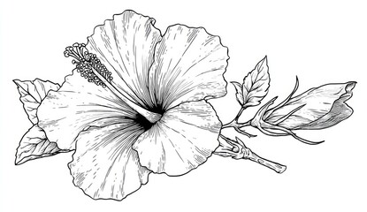 Fototapeta premium Detailed black and white hibiscus flower drawing