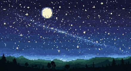 Fototapeta premium Pixelated Night Sky: Moon and Stars