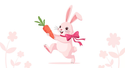 Fototapeta premium Cute cartoon pink rabbit holding a carrot, perfect for easter or springtime themes