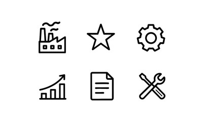 Fototapeta premium Industrial and business icons set: factory, star, gear, growth graph, document, tools