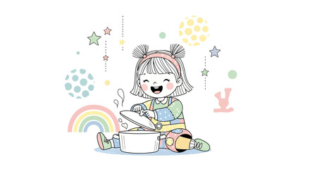Cute child playing with a pot and lid with a drawing style illustration