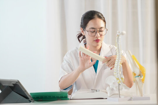 Young female medical student studying human anatomy with bone and spine models, wearing lab coat and glasses. Concept of education, healthcare, orthopedics, medical learning, and science research. - Powered by Adobe