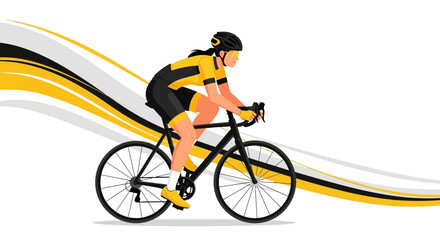 Obraz premium Cycling Athlete Races On Road Bicycle With Dynamic Graphic Elements Across a White Backdrop