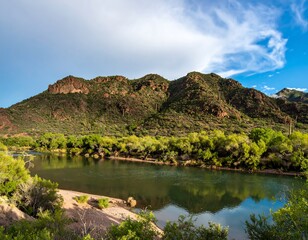 Scenic river valley with mountains