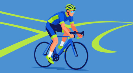 Fototapeta premium Cyclist Racing On Blue Background With Abstract Green Lines Representing Speed And Movement.