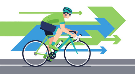 Fototapeta premium Cyclist Racing Forward on Bike with Geometric Arrows Representing Speed and Direction