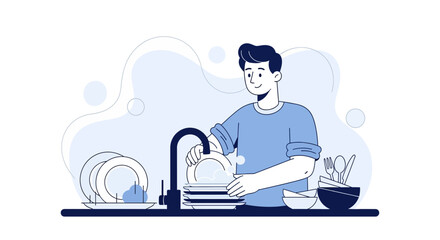 Daily Chores: A Man Washing Dishes in a Simple, Modern, and Clean Illustration Style