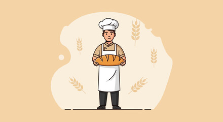 Dedicated Baker Presenting Freshly Baked Bread, Baking Illustration, Vector Artist