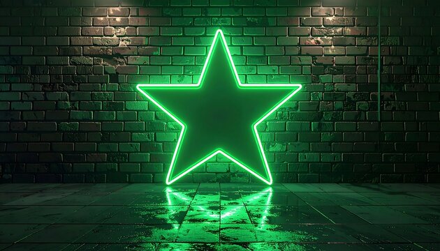 Glowing green neon star on a brick wall background.