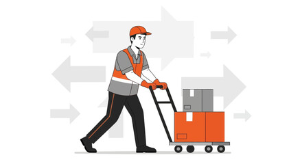 Delivery worker transporting boxes with a hand truck against a backdrop of arrows