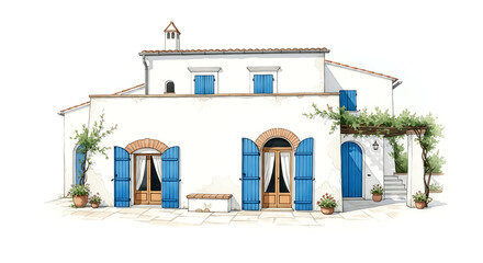 Mediterranean Villa Illustration: White Walls & Blue Shutters