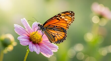 Fototapeta premium Monarch Butterfly Sipping Nectar from a Pink Daisy in a Garden.