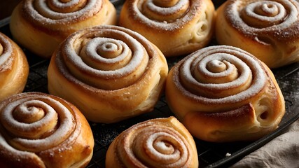 Fototapeta premium Golden cinnamon rolls with sweet sugar icing ready for baking, enjoy the warm, comforting treat today