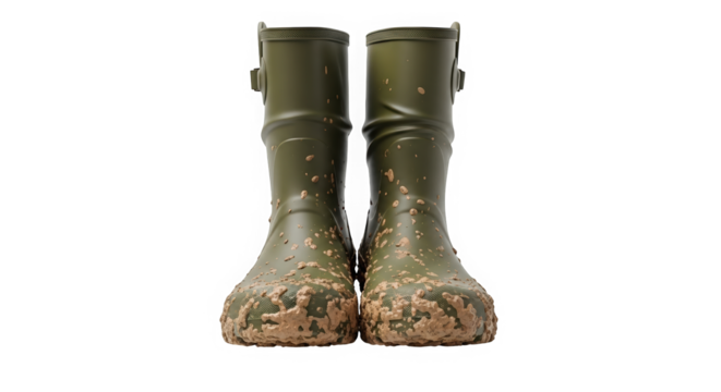 Muddy green rubber boots standing on white background  