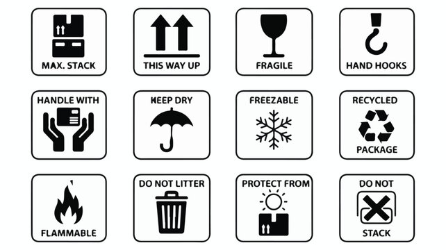 Black and white industrial handling and safety symbols packaging