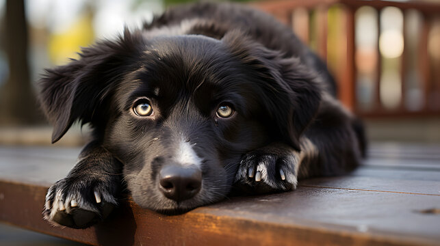 Black dog relaxing on a wooden surface in a sunlit outdoor space during late afternoon