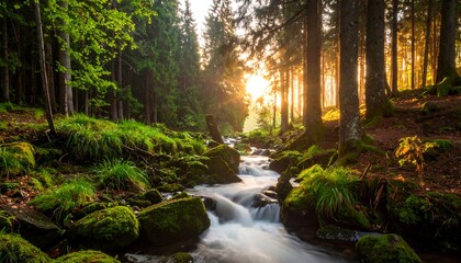 Obraz premium Golden Sunlight Beams Through a Tranquil Forest with a Flowing Stream.