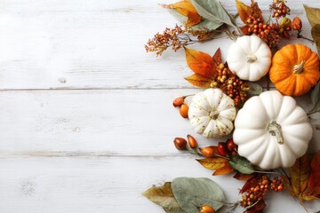 Autumnal arrangement of pumpkins and foliage on a white wooden surface.