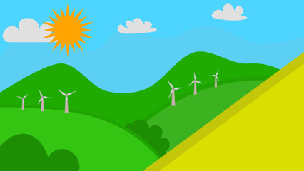 Fototapeta premium vector illustration bright landscape with hills, blue sky, sun, and wind turbines representing clean renewable energy and eco-friendly environment.