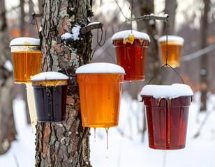 Maple Syrup Collection Buckets on Sugar Trees - Forest Harvest
