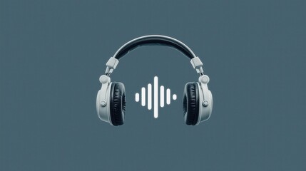 Vintage style headphones with glowing audio waveform symbol against muted blue background, representing music listening, sound technology, and audio experience for entertainment or work.