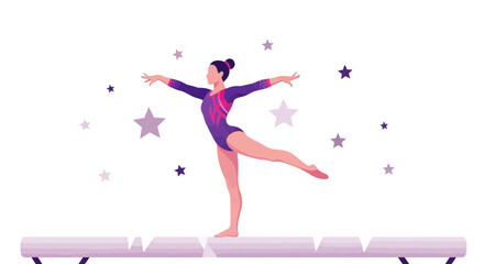 Gymnast Performing Gracefully on Balance Beam With Starry Background Decorative Elements