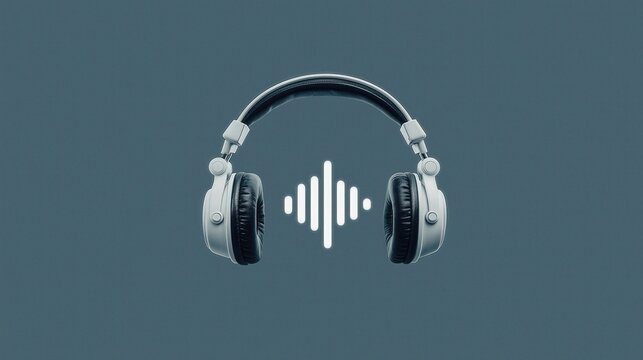 Vintage style headphones with glowing audio waveform symbol against muted blue background, representing music listening, sound technology, and audio experience for entertainment or work.