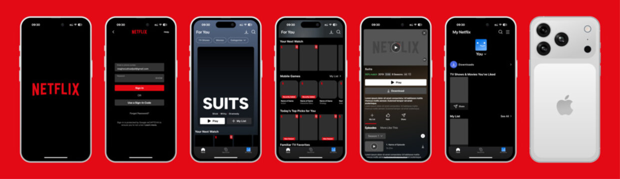 Netflix application template UI 2025 update in dark and light mode shown on iPhone 17. Editable mockup for movie streaming, entertainment design, and mobile app interface.
