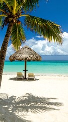 Tropical beach scene with palm tree and thatched hut
