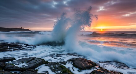 Dramatic Ocean Waves Crashing on Rocky Coast at Sunrise.