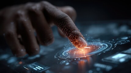 Close - up of hand with finger interacting with holographic digital interface, showcasing futuristic technology, cybernetic connection, and glowing neural network design.