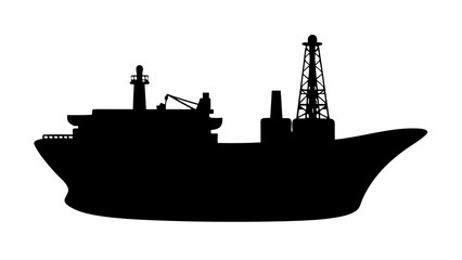 Obraz premium Silhouette of a large industrial vessel with a drilling rig and crane against a white background view