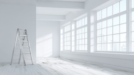 Obraz premium Bright Empty Room with Large Windows and Ladder, Interior Design and Renovation Concept