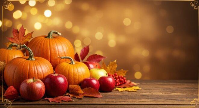 Horizontal Thanksgiving Day USA 2025 banner with bright glowing bokeh and ripe autumn harvest — pumpkins, apples, and fall leaves. Festive background with copy space, free space for text.