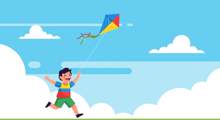 Happy child running and playing with a colorful kite during a sunny day