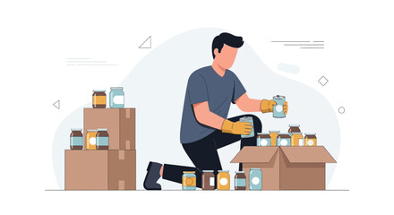 Illustration of a Man Packing Canned Goods and Jars into Cardboard Boxes for Donation