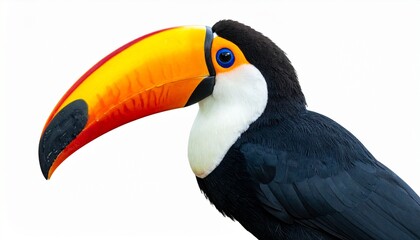 Toucan bird with oversized colorful beak black feathers white chest tropical exotic bird isolated on white background
