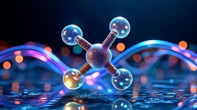 In a tranquil environment, a dual-core molecule rotating on mirrored axis slowly reveals intertwining strands adorned with luminescent hues that pulsate rhythmically, evoking a sense of