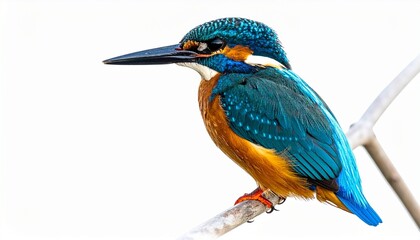 Kingfisher bird with vibrant blue feathers long pointed beak small body perched hunting bird isolated on white background
