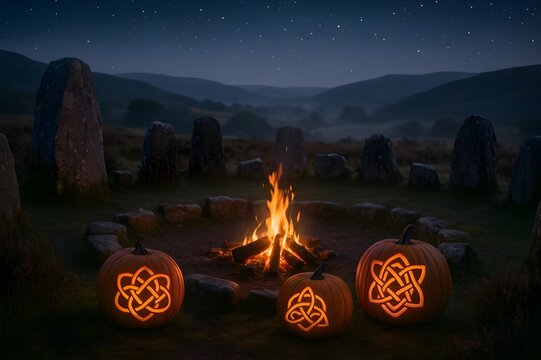 Irish Samhain Halloween with Celtic Knot Pumpkins, Bonfire and Ancient Stone Circle