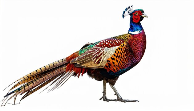 Peacock pheasant bird with iridescent spotted feathers colorful plumage exotic wild bird isolated on white background
 - Powered by Adobe