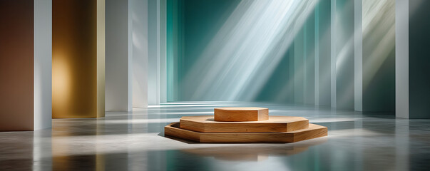 Geometric wooden podium bathed in soft natural light beams inside modern spacious room with reflective floor and tall columns