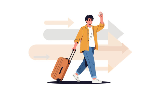 Illustration of a man waving goodbye while walking with luggage to travel somewhere