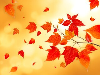 Obraz premium Golden autumn background with scattered seasonal leaves softly blurred against a glowing warm golden backdrop, perfect festive wallpaper for fall, Thanksgiving, and holiday design projects.