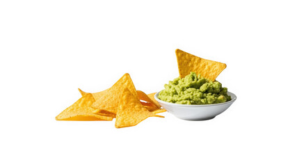 Fototapeta premium Tortilla chips served with guacamole in white bowl on white background 